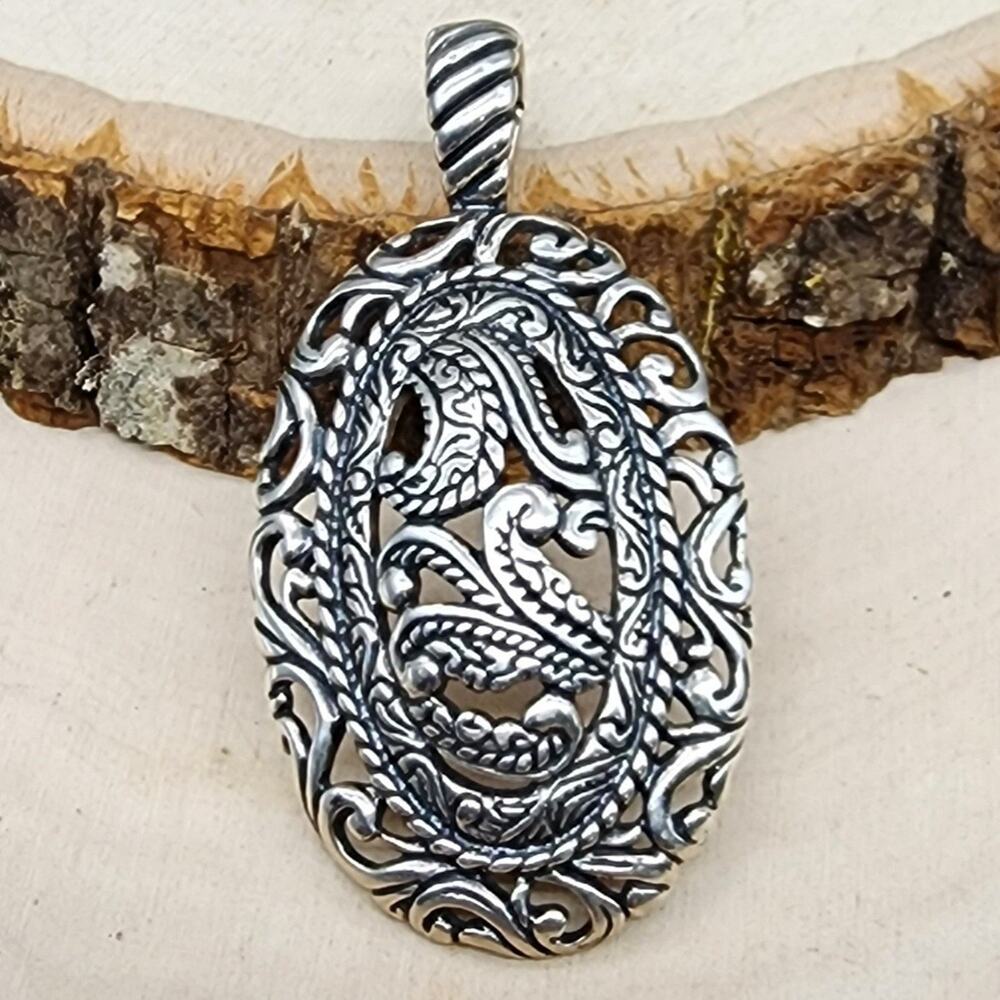 Carolyn Pollack Relios 925 Oxidized Sterling Filigree Scroll 2.2" Pendant 14g